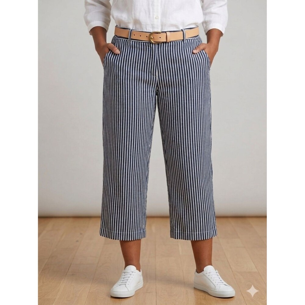 Liz Claiborne Striped Linen Blend Cropped Pants XL Coastal Navy White